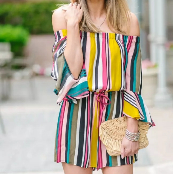 Express Pants - Express Striped Off-Shoulder Romper